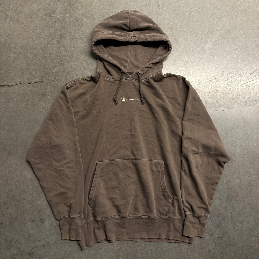 Champion Mens Small Script Logo Hoodie Faded Brown Fleece Pullover Sweatshirt